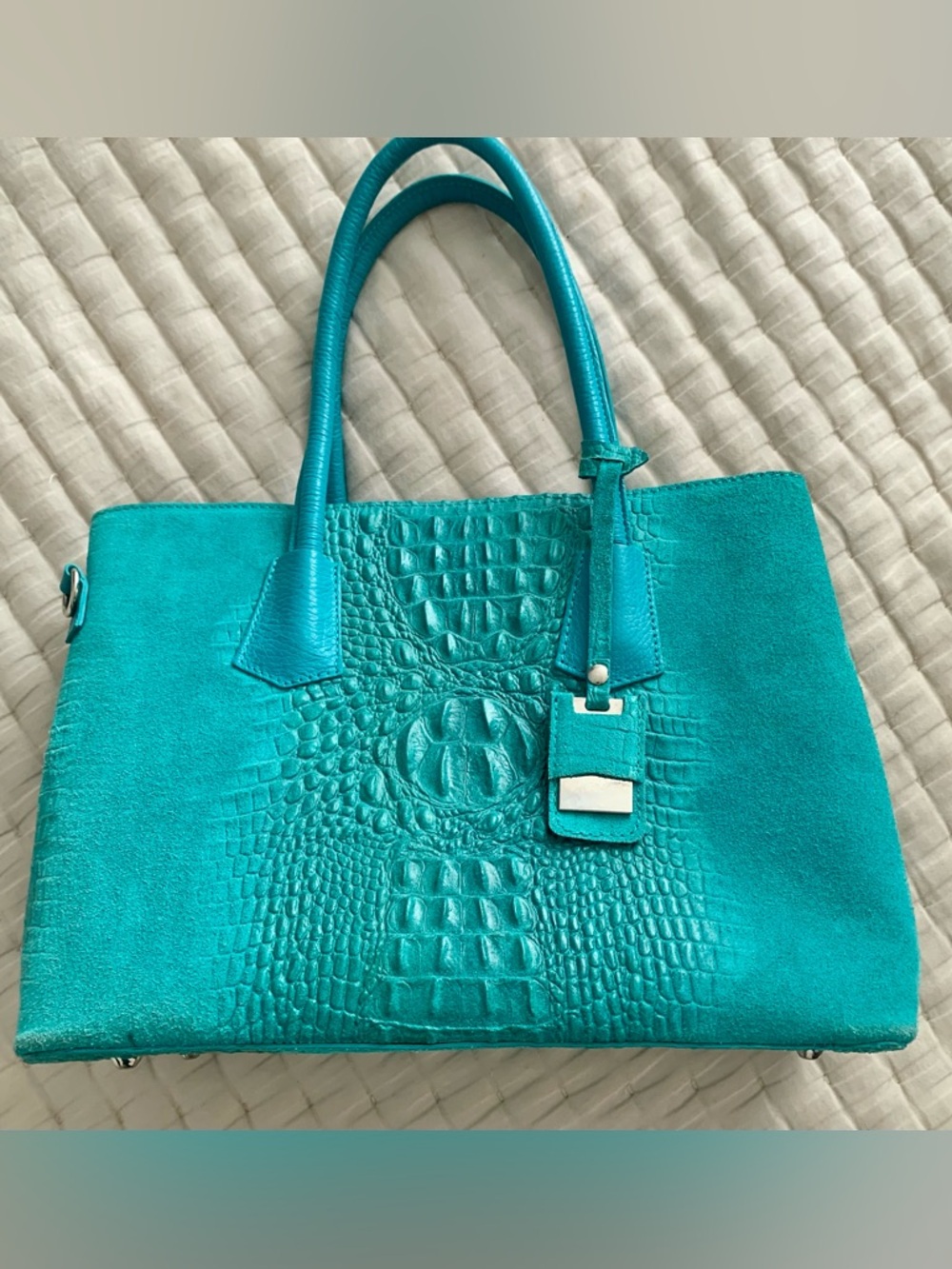 Mila Blu Italian Croc Embossed Leather Satchel Shoulder Bag Turquoise Teal blue - Picture 14 of 14